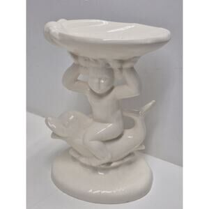 Vtg ‘60 Cherub Riding Dolphin Holding Shell Soap Dish Holland Mold White Glaze